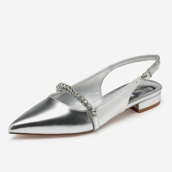 Women Silver Polyurethane (PU) Rhinestone Pointed Toe Slingback Flats Shoes - Picture 4 of 9
